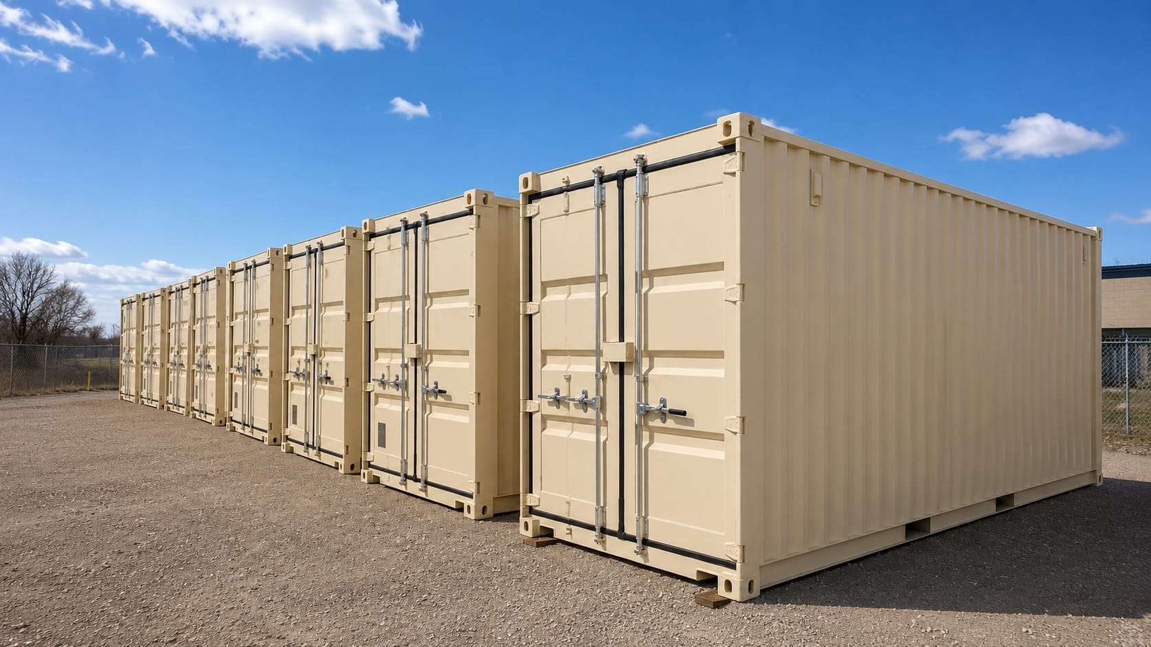 Row of matching shipping containers staged for a multi-unit camp project