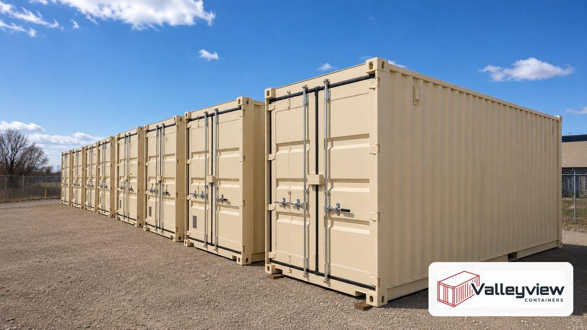 A tall high cube shipping container beside a shorter standard-height container in a gravel yard in British Columbia