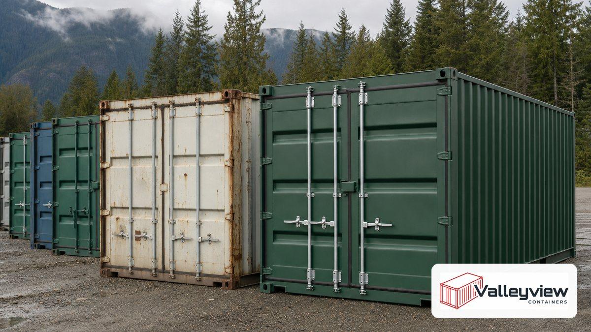 Rows of new and used shipping containers in a BC storage yard under overcast light