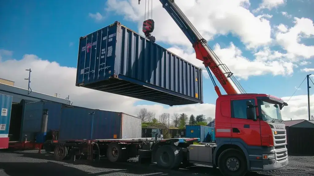 A delivery truck placing a shipping container in a prepared site in BC