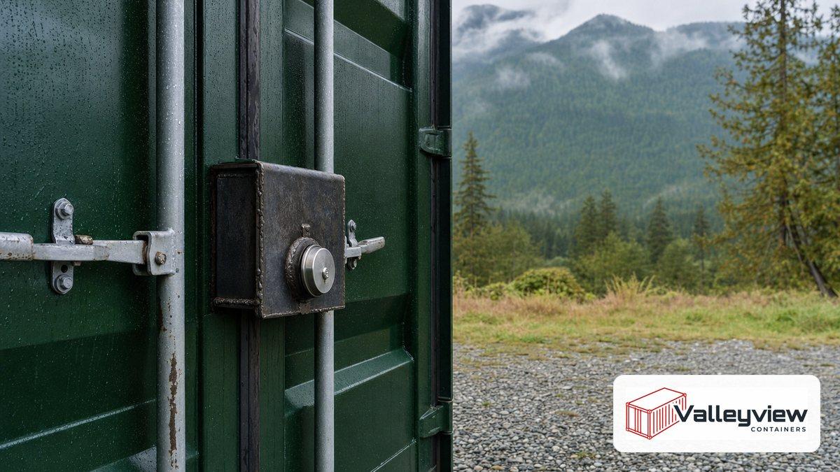A shipping container door fitted with a steel lock box and puck lock on a rural British Columbia property