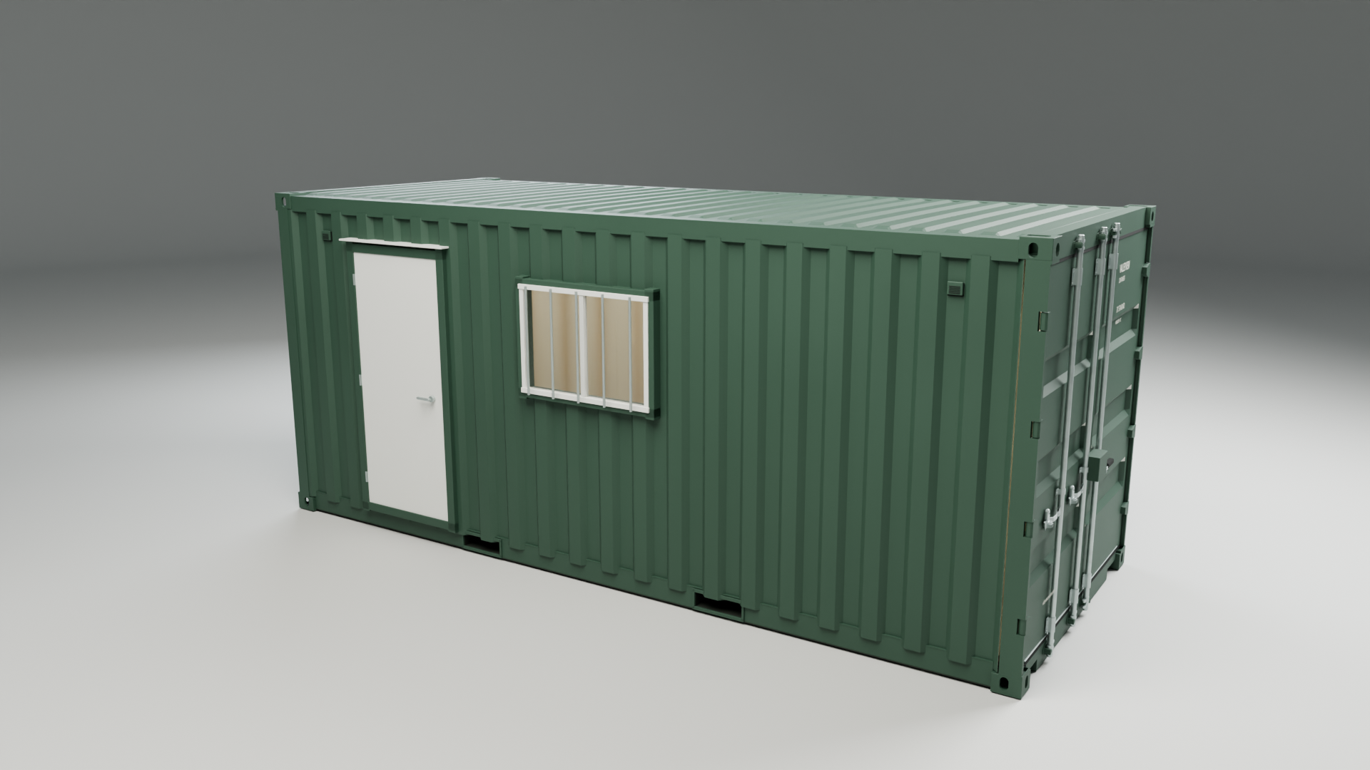 Studio render of a forest-green 20-foot container with a personnel door and sliding window, modelled in the Container Studio
