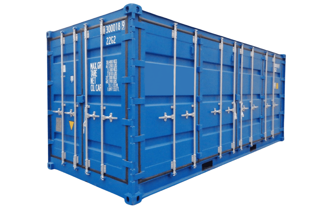 New 20ft shipping container with full side-opening doors, ideal for pop-up retail