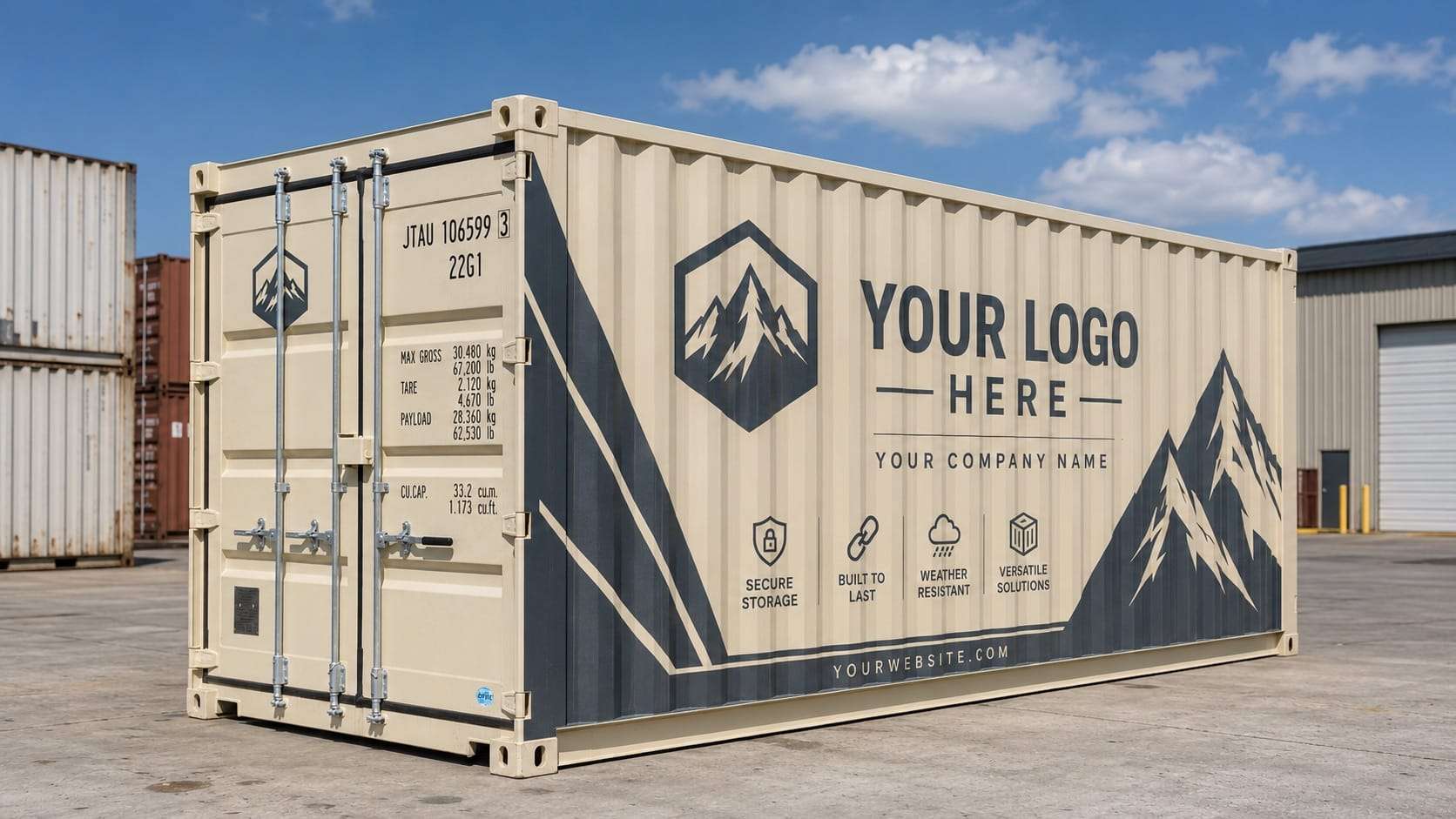Custom branded 20ft shipping container with company logo and decals — container branding BC
