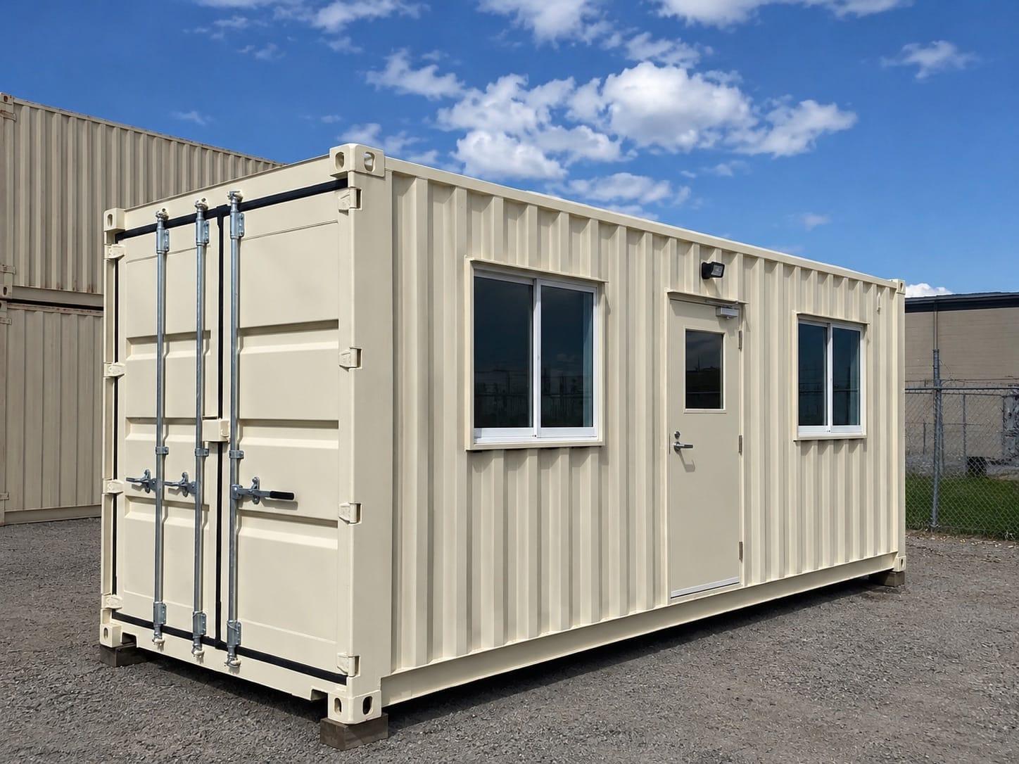 Insulated custom shipping container build with windows and a personnel door in the Valleyview Containers yard