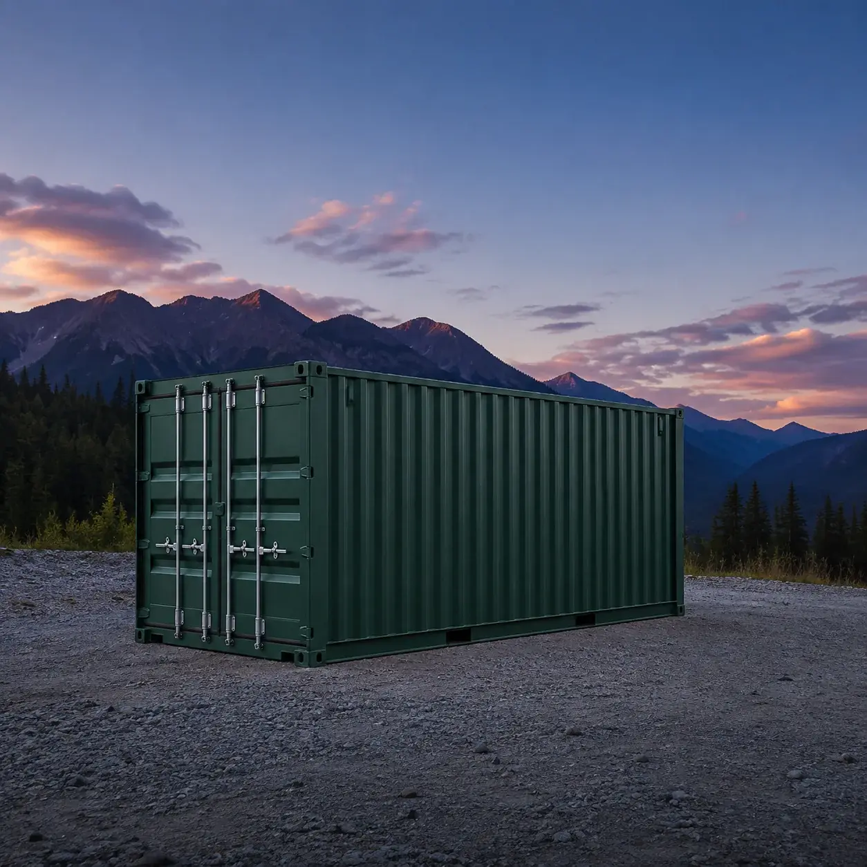 Forest-green shipping container concept in a BC mountain setting