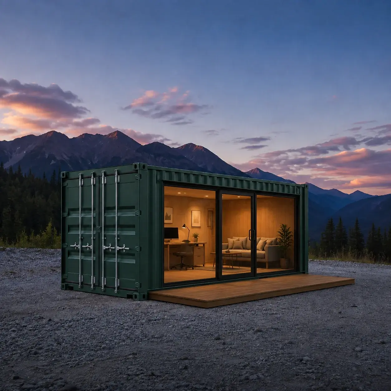 Matching custom container concept with large windows and a warmly lit interior