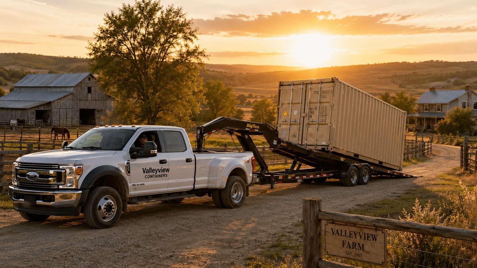 Valleyview Containers delivery truck with shipping container at sunset